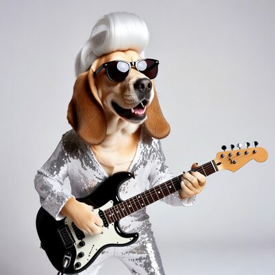 Beagle dog rocking guitar in sequin outfit