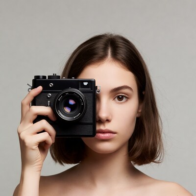 Woman peeking through camera lens
