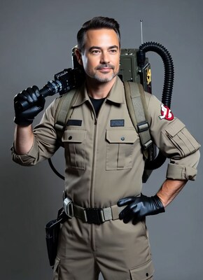 Man in Ghostbusters costume with proton pack
