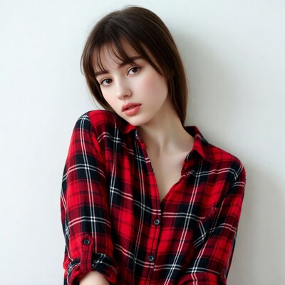 Asian woman in red plaid shirt