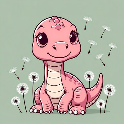 Cute Pink Baby Dinosaur with Dandelions