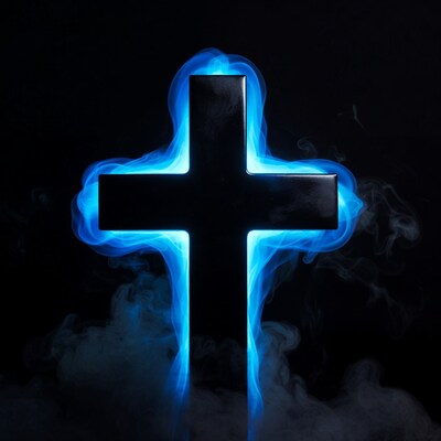 Glowing Blue Cross on Black Background