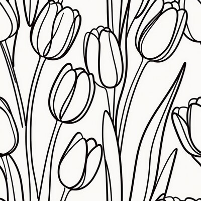 Black Outline Tulips Seamless Pattern