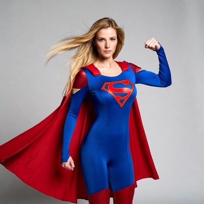Blonde Supergirl flexing muscles