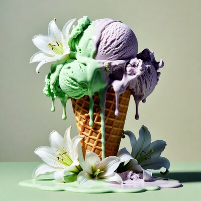 Green and Purple Ice Cream Cone with Lilies