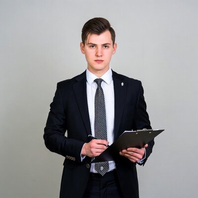 Young man holding clipboard in suit