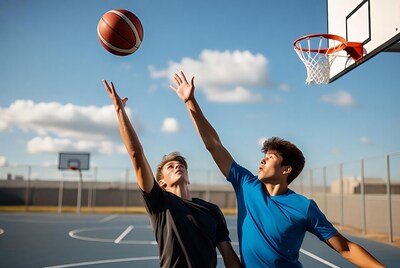 Two men jumping for basketball
