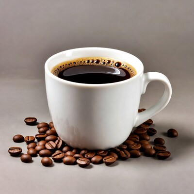 White mug of coffee with beans