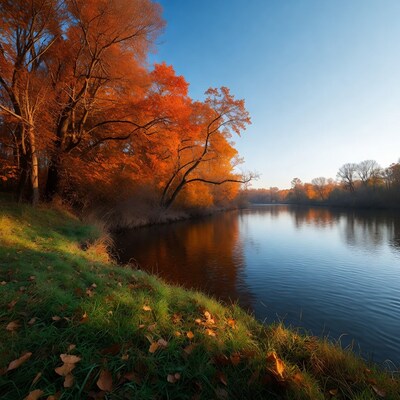 Autumn Trees by River