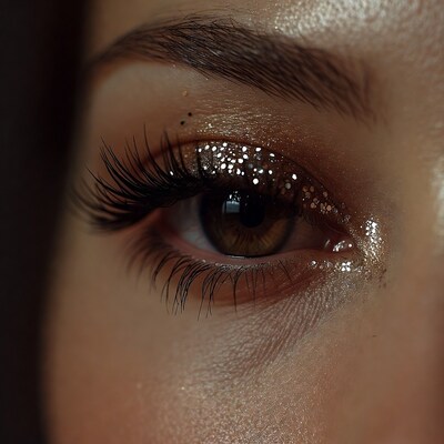 Closeup of woman's glittery brown eye