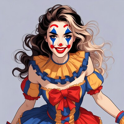 Woman in colorful clown costume