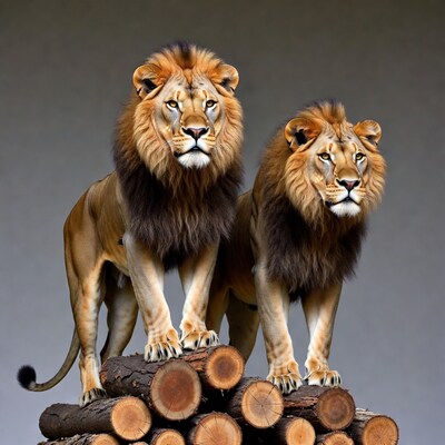 Two lions standing on log pile