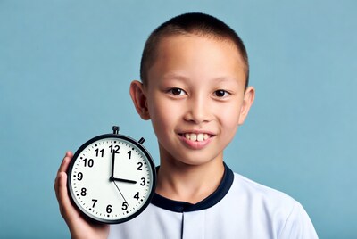 Asian boy holding stopwatch