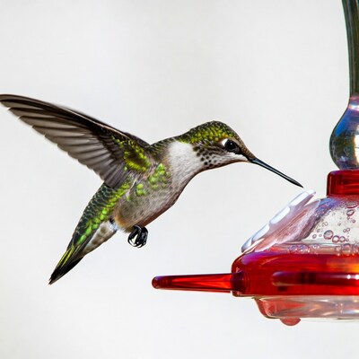 Hummingbird feeding at red feeder