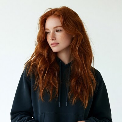 Redhead woman in black hoodie