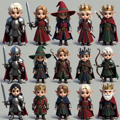 Chibi Elf Characters in Fantasy Costumes
