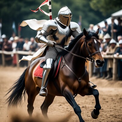 Knight in shining armor on galloping horse