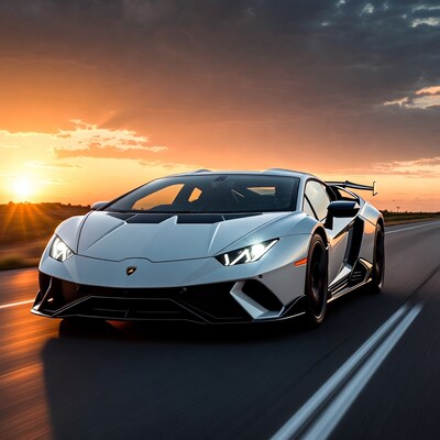 White Lamborghini Huracan driving at sunset