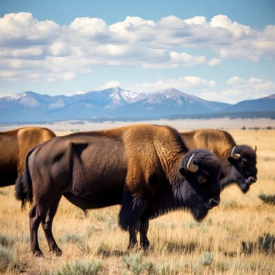 Bison herd in golden grassland mountains