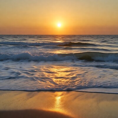 Sunset over ocean waves and beach