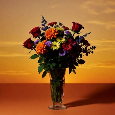 Colorful Flowers in Vase on Sunset Background