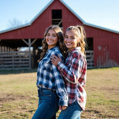 Two smiling girls by red barn