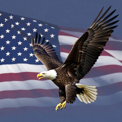 Bald Eagle Flying Over American Flag