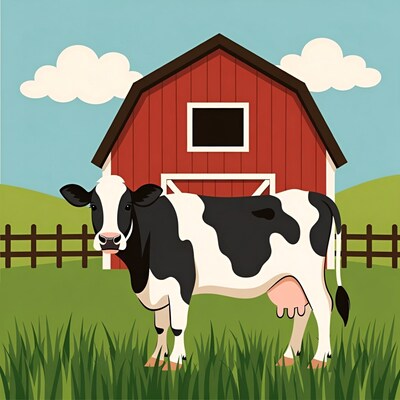 Holstein Cow in Front of Red Barn