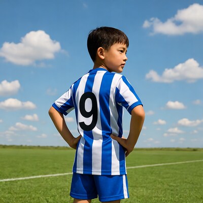 Asian boy in soccer jersey on field