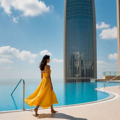 Woman in yellow dress by infinity pool