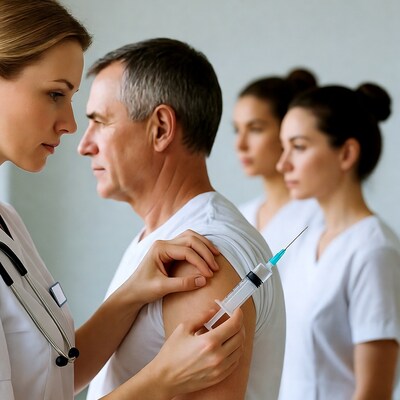 Nurse administering vaccine to man