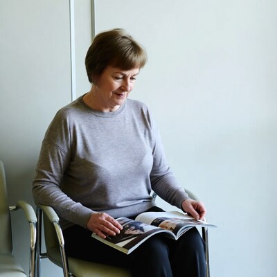 Elderly woman reading magazine in waiting room