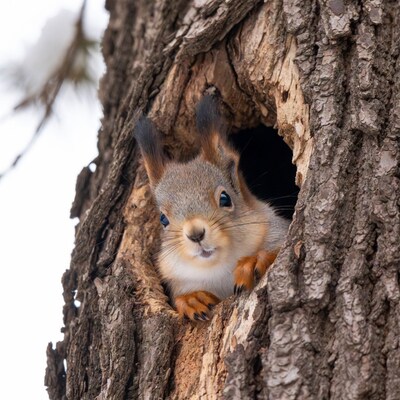 Squirrel peeking from tree hole