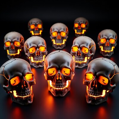 Glowing Halloween Skulls on Black Background