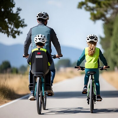 Father with kids biking on rural road