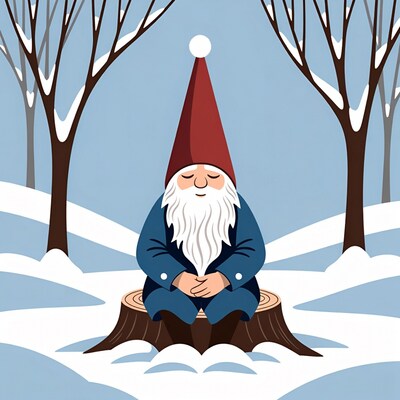 Gnome meditating on snowy stump