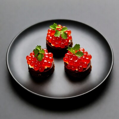 Three Red Roe Brownie Bites on Black Plate