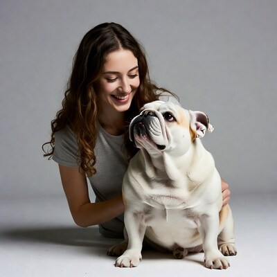 Woman hugging cute bulldog