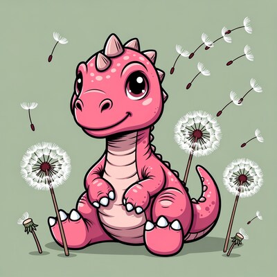 Cute Pink Baby T-Rex with Dandelions
