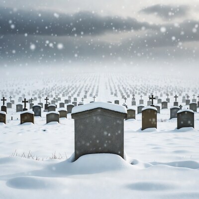 Snowy Cemetery with Tombstones and Crosses