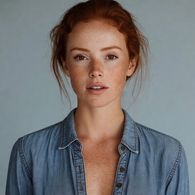 Redhead woman with freckles in denim shirt