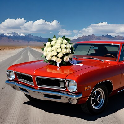 Red vintage car with white roses