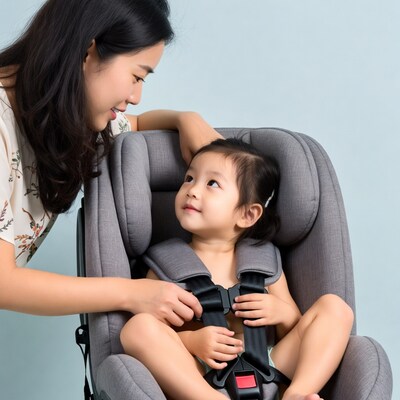 Asian mother buckling baby in car seat