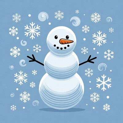 Snowman with carrot nose and snowflakes