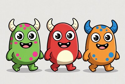 Three Cute Cartoon Monsters Walking