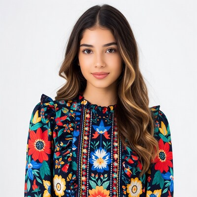 Woman in colorful floral blouse