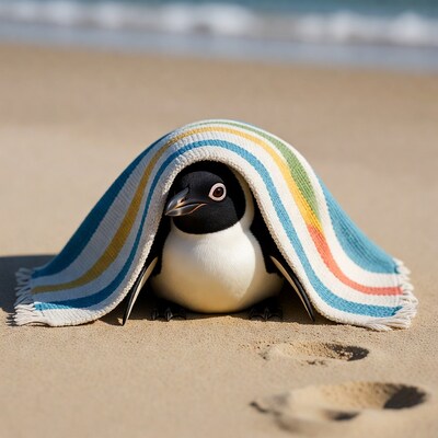 Penguin peeking from beach towel