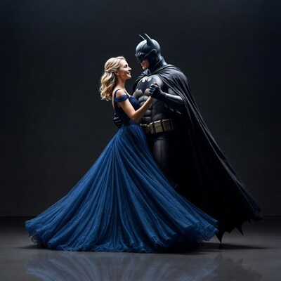 Blonde woman dancing with Batman