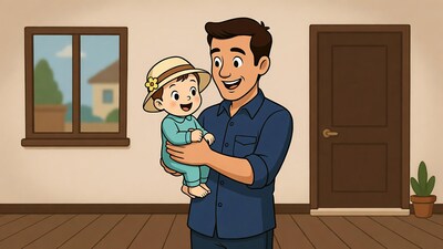 Father holding smiling baby in hat