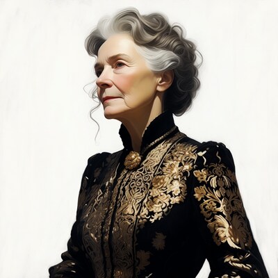 Elderly woman in gold-embroidered black dress